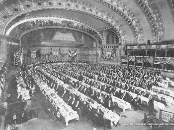 An early photo of the Auditorium Theatre showing banquet seating.